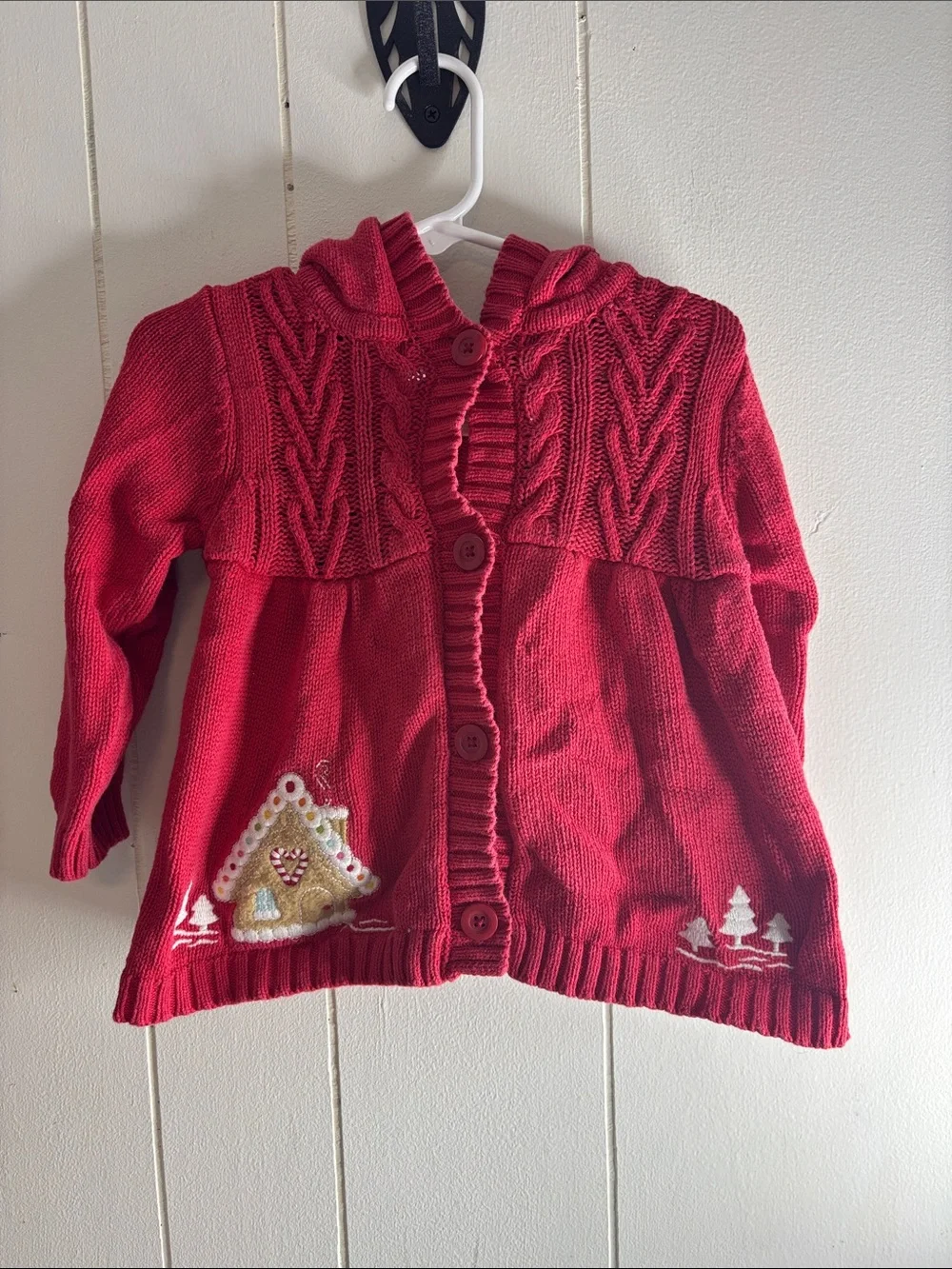 435 - Kids Red Knit Hooded Cardigan with Gingerbread Appliqué